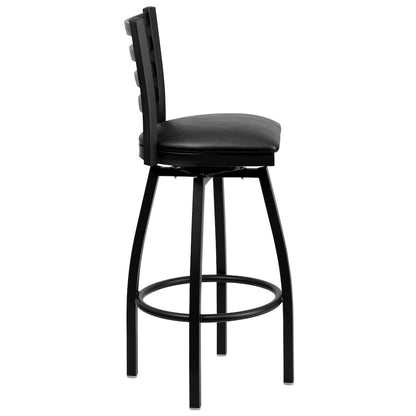Black Ladder Back Swivel Metal Barstool - Black Vinyl Seat