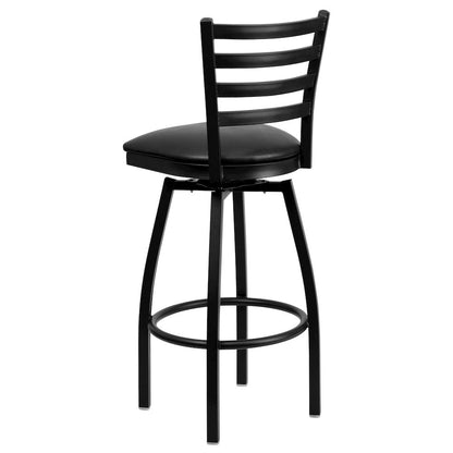 Black Ladder Back Swivel Metal Barstool - Black Vinyl Seat