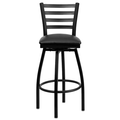 Black Ladder Back Swivel Metal Barstool - Black Vinyl Seat