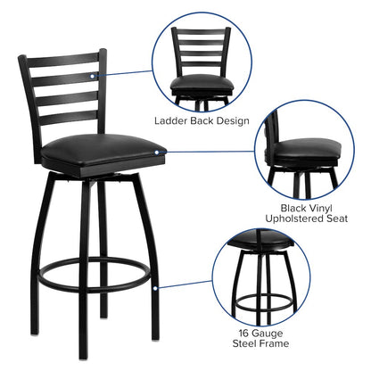 Black Ladder Back Swivel Metal Barstool - Black Vinyl Seat