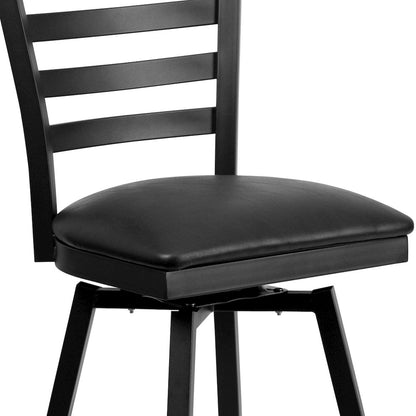 Black Ladder Back Swivel Metal Barstool - Black Vinyl Seat