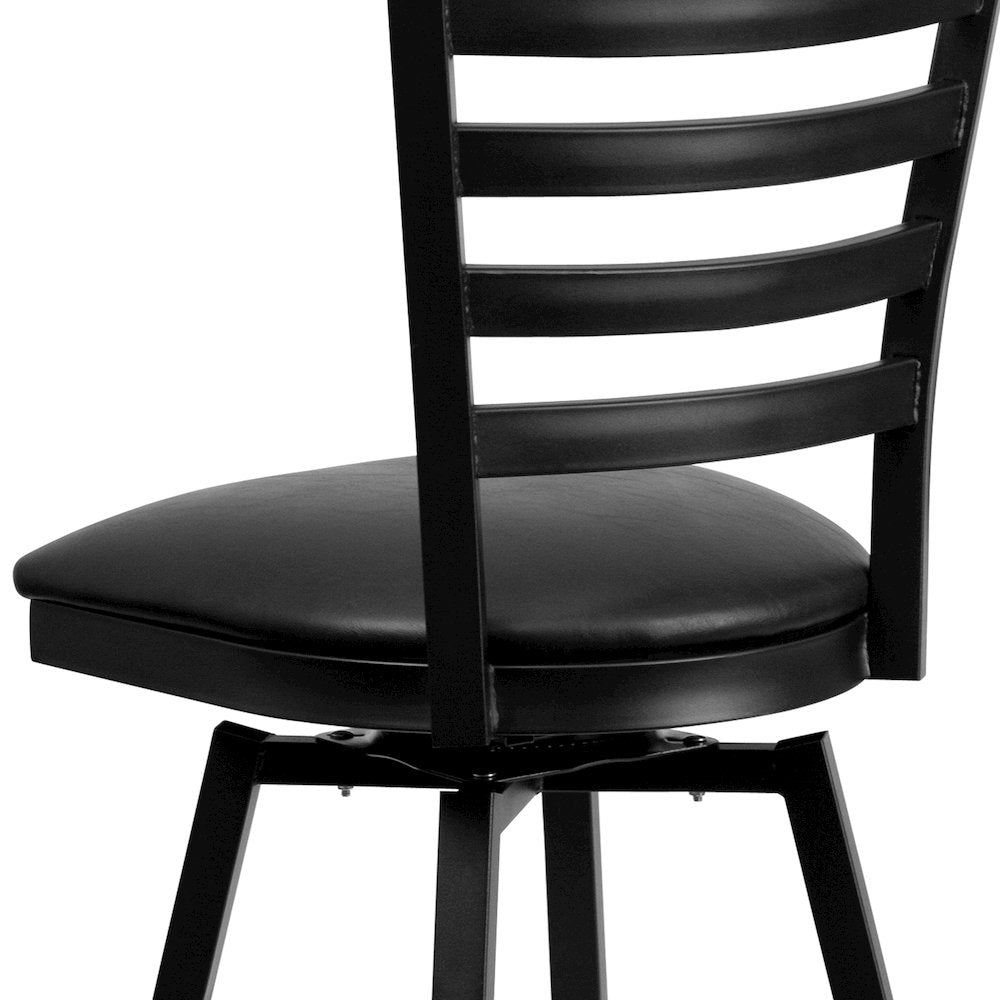 Black Ladder Back Swivel Metal Barstool - Black Vinyl Seat