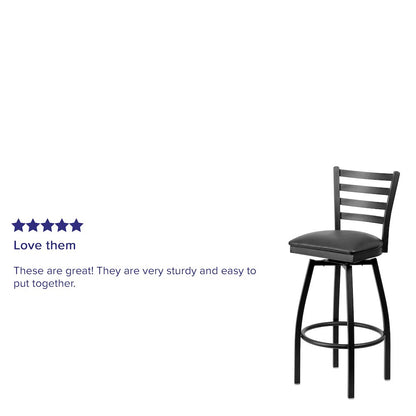Black Ladder Back Swivel Metal Barstool - Black Vinyl Seat