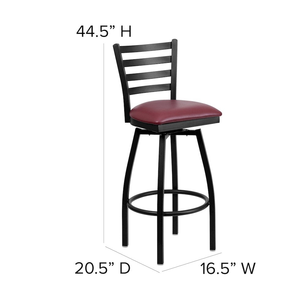 Black Ladder Back Swivel Metal Barstool - Burgundy Vinyl Seat