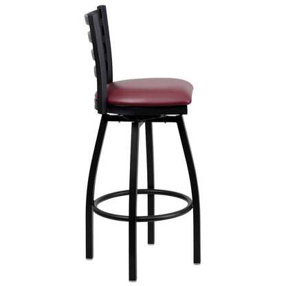 Black Ladder Back Swivel Metal Barstool - Burgundy Vinyl Seat