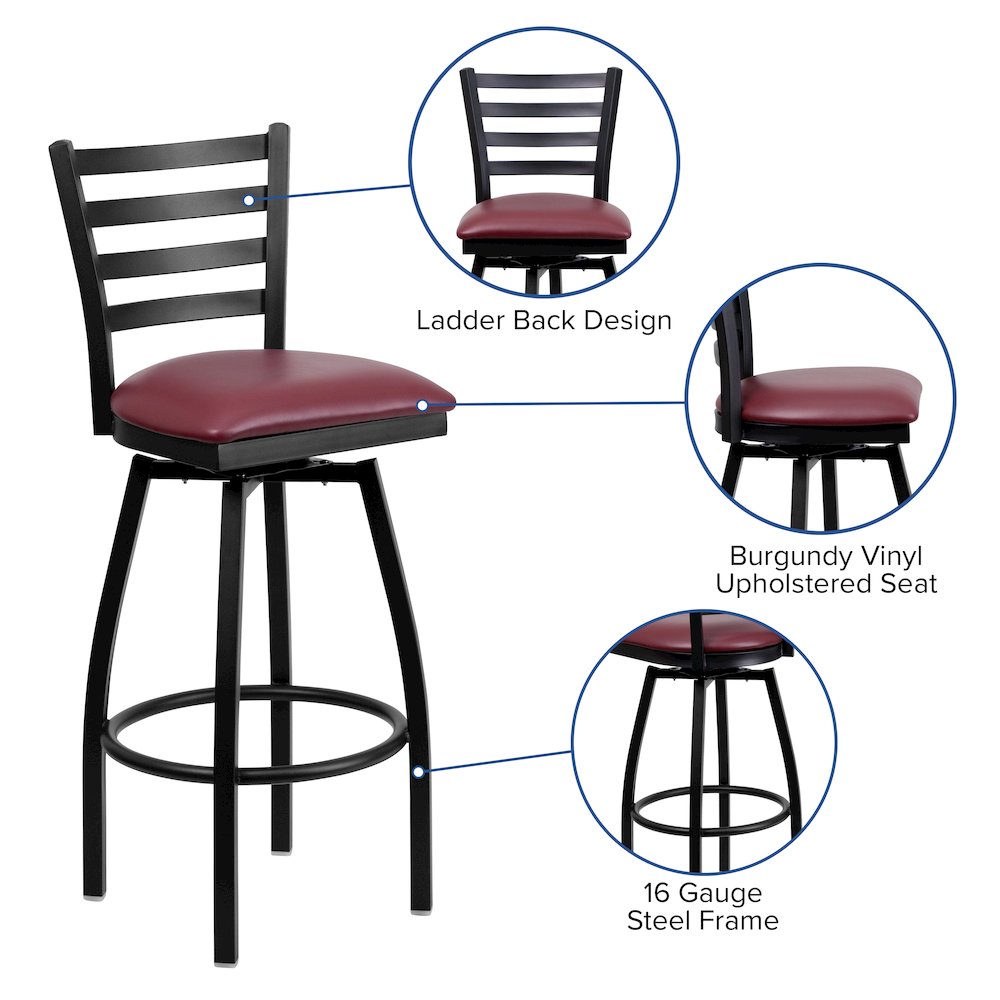 Black Ladder Back Swivel Metal Barstool - Burgundy Vinyl Seat