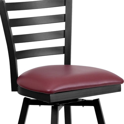 Black Ladder Back Swivel Metal Barstool - Burgundy Vinyl Seat