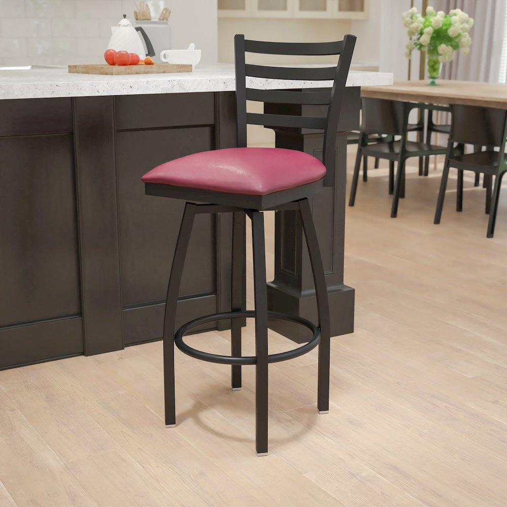 Black Ladder Back Swivel Metal Barstool - Burgundy Vinyl Seat