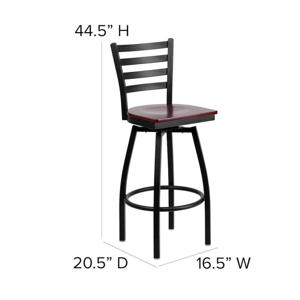 Black Ladder Back Swivel Metal Barstool - Mahogany Wood Seat