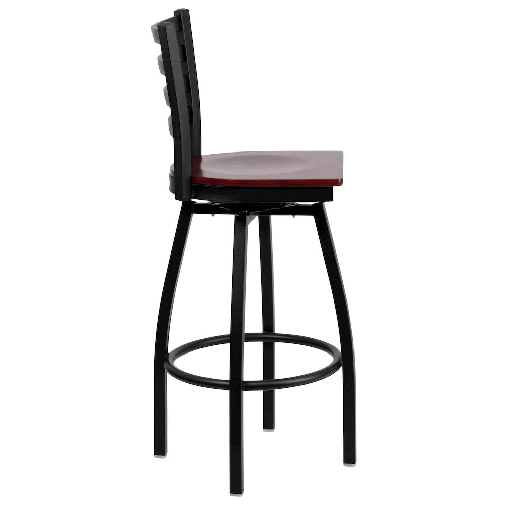 Black Ladder Back Swivel Metal Barstool - Mahogany Wood Seat