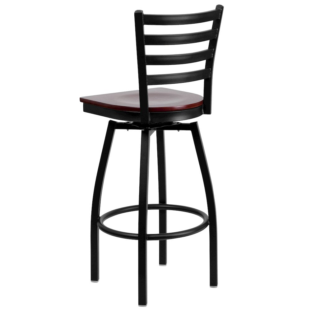 Black Ladder Back Swivel Metal Barstool - Mahogany Wood Seat
