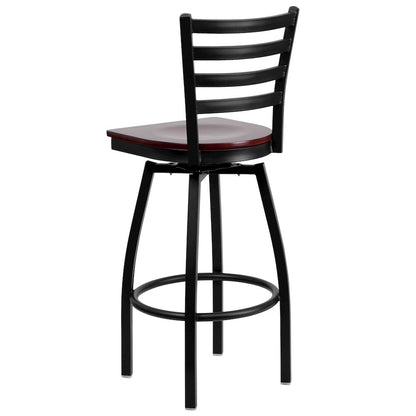 Black Ladder Back Swivel Metal Barstool - Mahogany Wood Seat