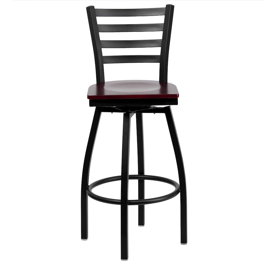 Black Ladder Back Swivel Metal Barstool - Mahogany Wood Seat