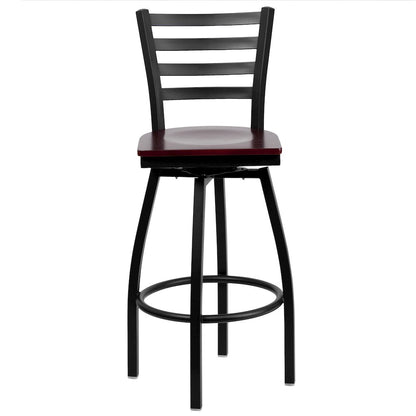 Black Ladder Back Swivel Metal Barstool - Mahogany Wood Seat