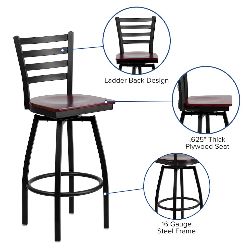 Black Ladder Back Swivel Metal Barstool - Mahogany Wood Seat
