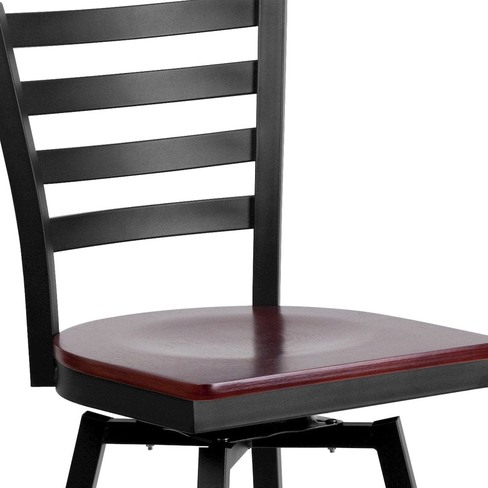 Black Ladder Back Swivel Metal Barstool - Mahogany Wood Seat