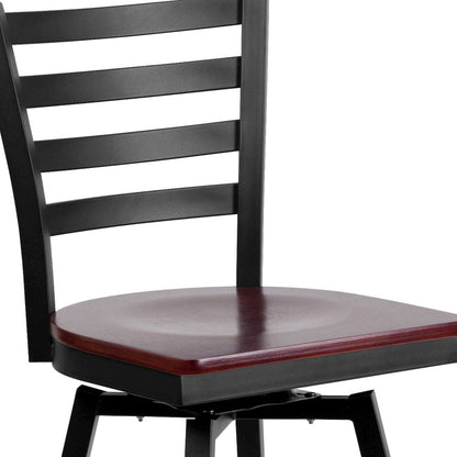 Black Ladder Back Swivel Metal Barstool - Mahogany Wood Seat