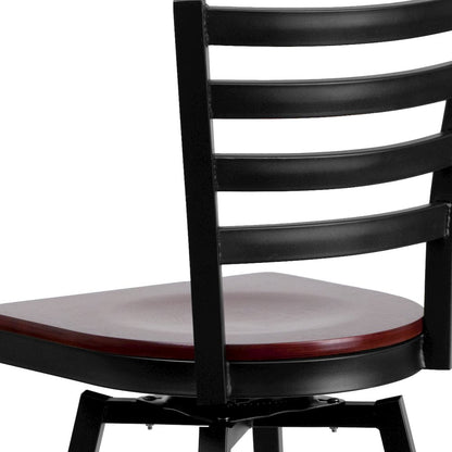 Black Ladder Back Swivel Metal Barstool - Mahogany Wood Seat