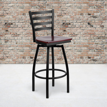 Black Ladder Back Swivel Metal Barstool - Mahogany Wood Seat