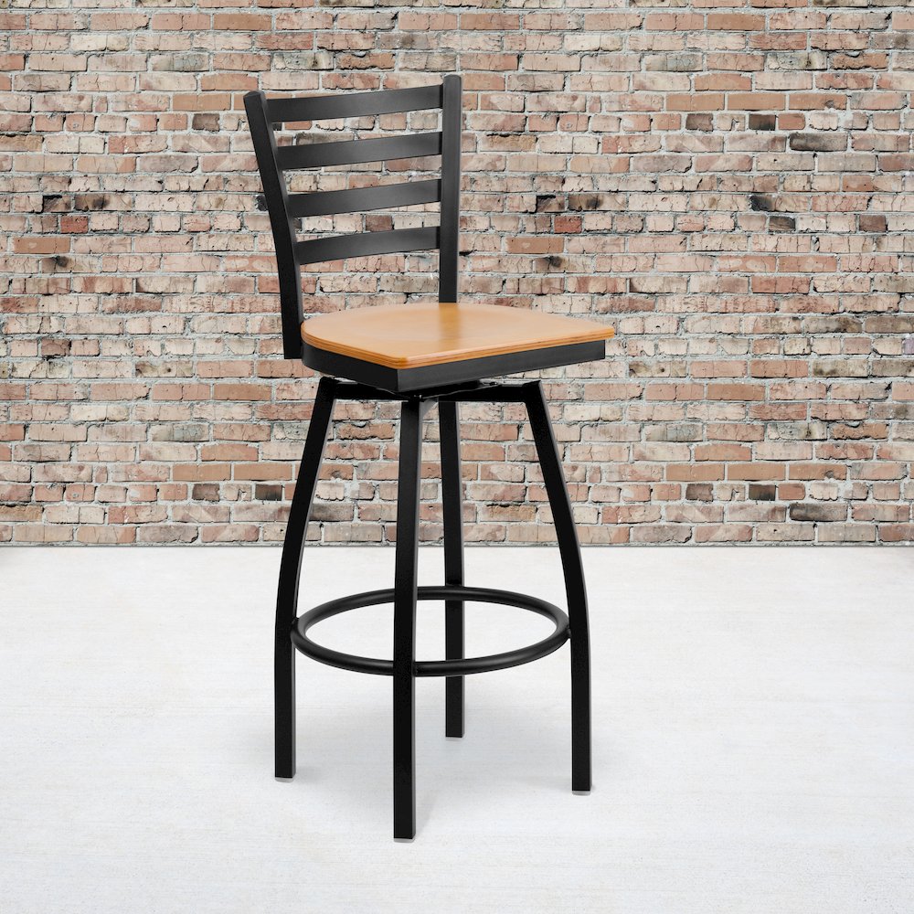 Black Ladder Back Swivel Metal Barstool - Natural Wood Seat