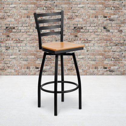 Black Ladder Back Swivel Metal Barstool - Natural Wood Seat