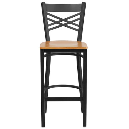 Black ''X'' Back Metal Restaurant Barstool - Natural Wood Seat