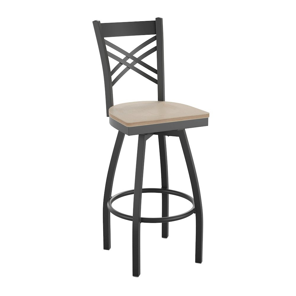 HERCULES Series Black ''X'' Back Swivel Metal Barstool - Antique White Wood Seat