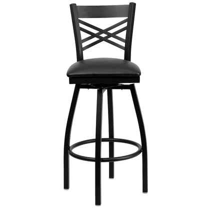 Black ''X'' Back Swivel Metal Barstool - Black Vinyl Seat