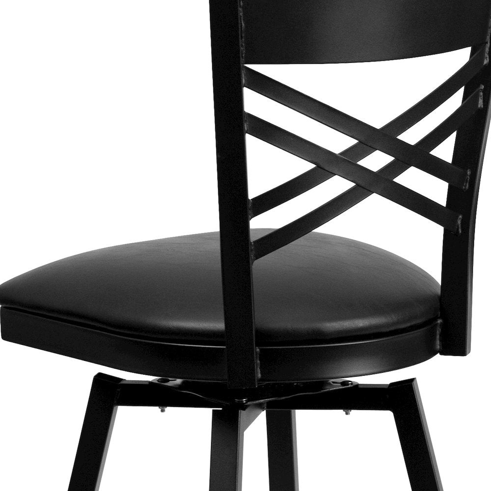 Black ''X'' Back Swivel Metal Barstool - Black Vinyl Seat