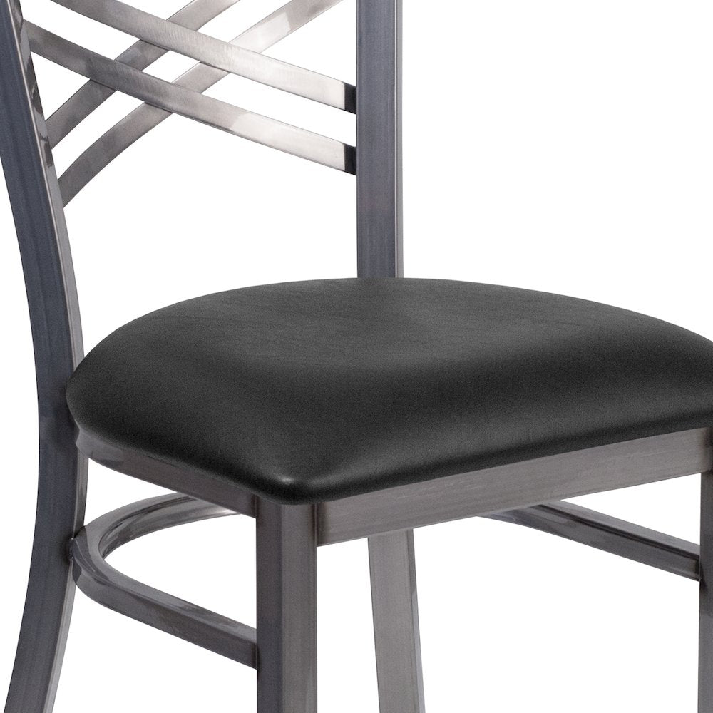 Clear Coated ''X'' Back Metal Restaurant Chair - Black Vinyl Seat