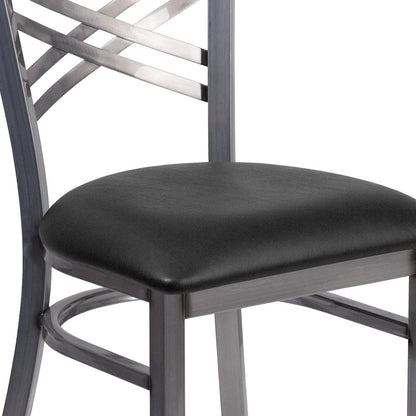 Clear Coated ''X'' Back Metal Restaurant Chair - Black Vinyl Seat