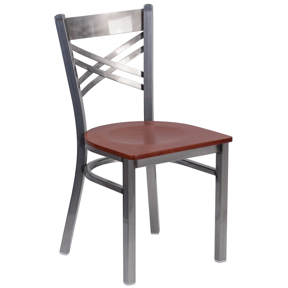 Clear Coated ''X'' Back Metal Restaurant Chair - Cherry Wood Seat