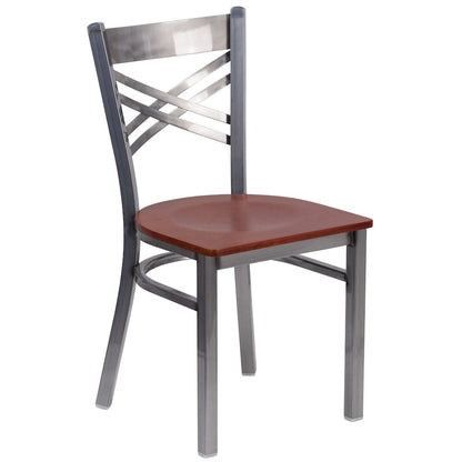 Clear Coated ''X'' Back Metal Restaurant Chair - Cherry Wood Seat