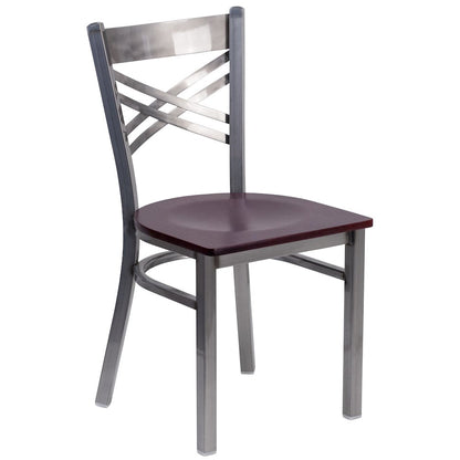 Clear Coated ''X'' Back Metal Restaurant Chair - Mahogany Wood Seat