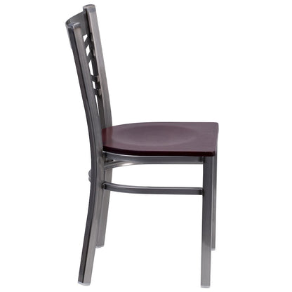 Clear Coated ''X'' Back Metal Restaurant Chair - Mahogany Wood Seat