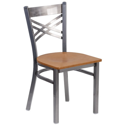 Clear Coated ''X'' Back Metal Restaurant Chair - Natural Wood Seat