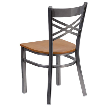 Clear Coated ''X'' Back Metal Restaurant Chair - Natural Wood Seat