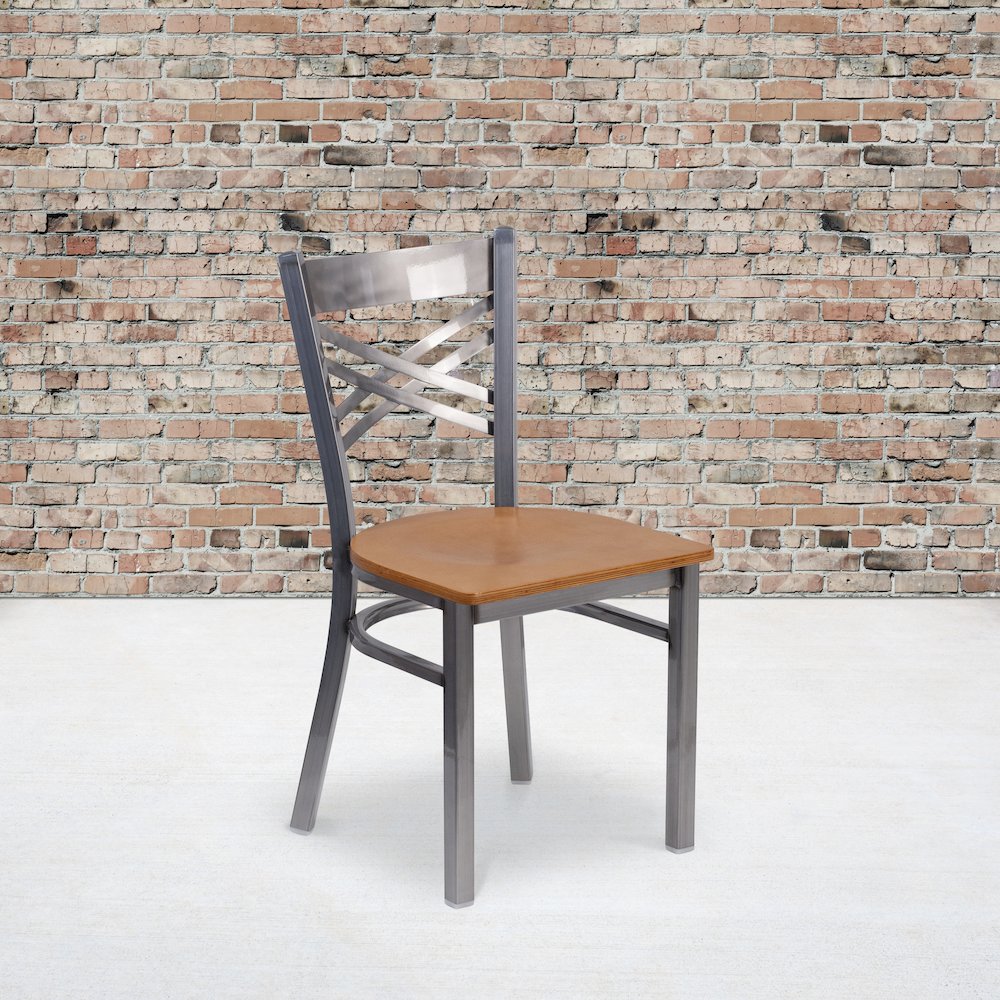 Clear Coated ''X'' Back Metal Restaurant Chair - Natural Wood Seat