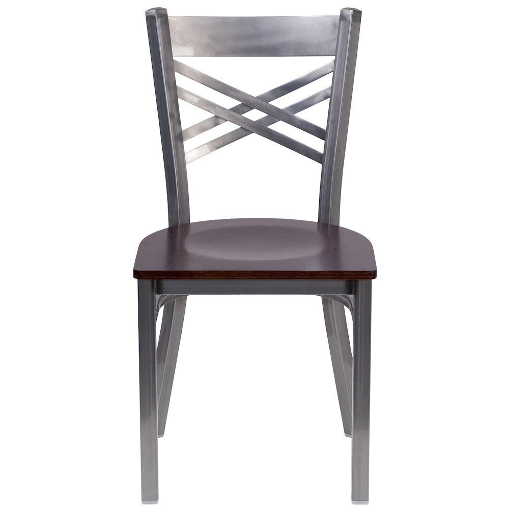 Clear Coated ''X'' Back Metal Restaurant Chair - Walnut Wood Seat