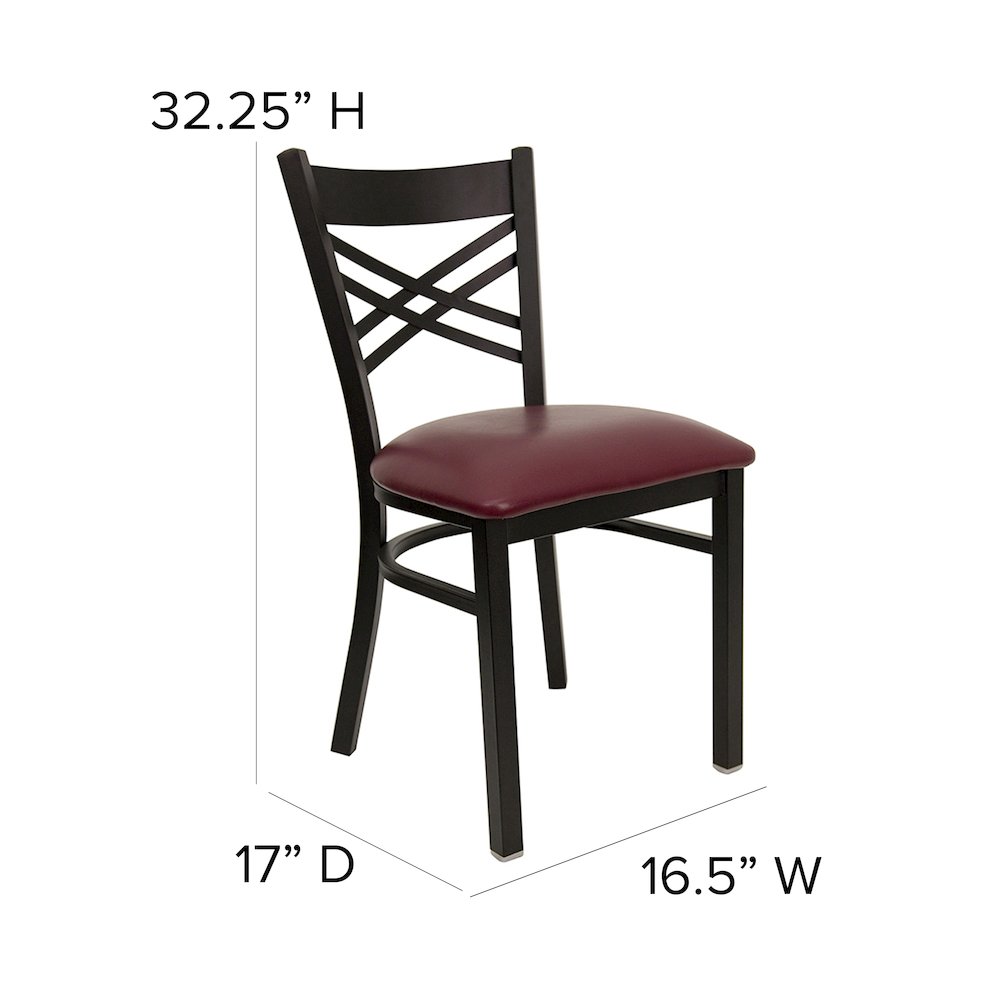 Black ''X'' Back Metal Restaurant Chair - Burgundy Vinyl Seat