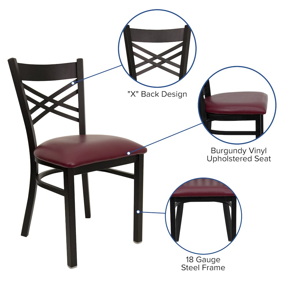 Black ''X'' Back Metal Restaurant Chair - Burgundy Vinyl Seat