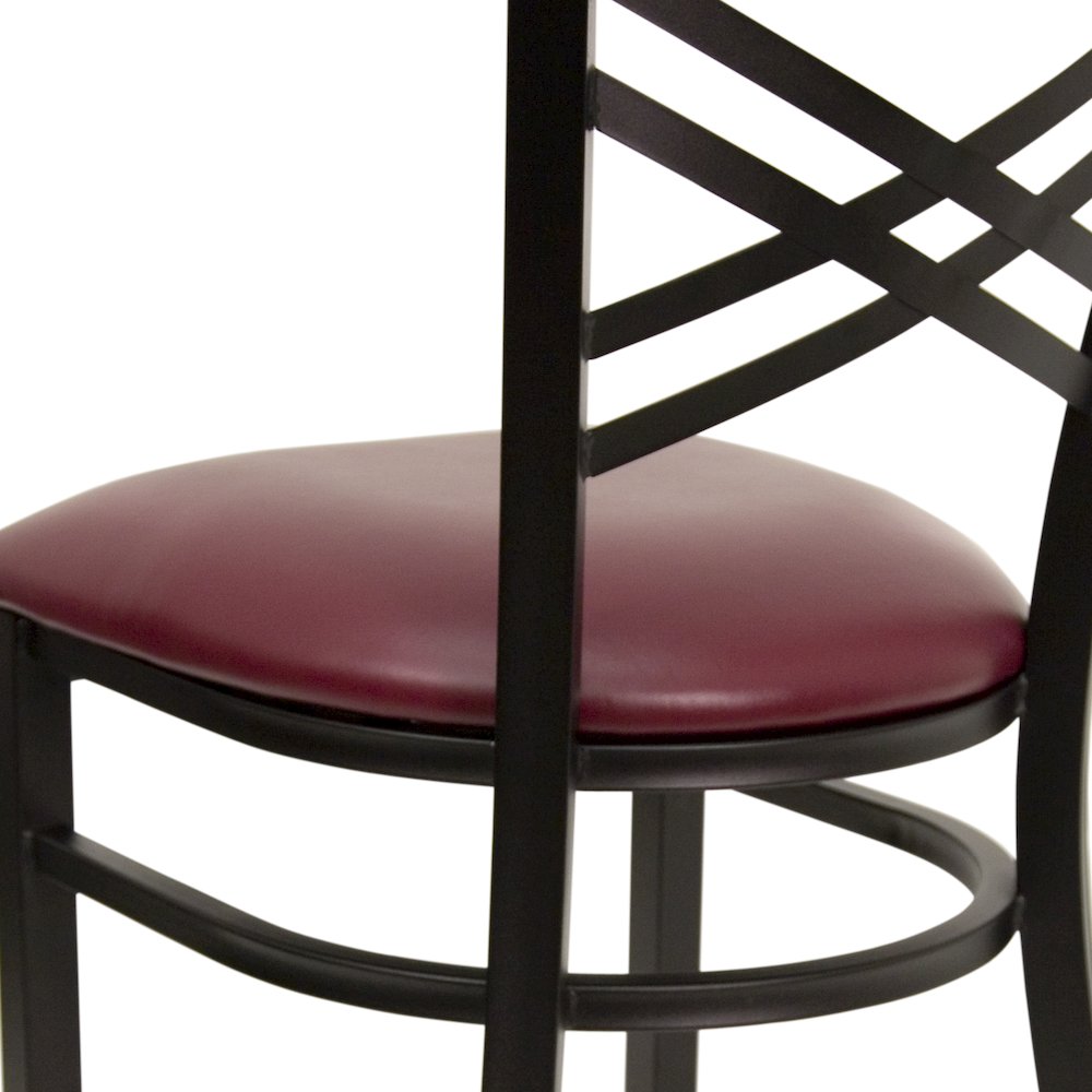 Black ''X'' Back Metal Restaurant Chair - Burgundy Vinyl Seat
