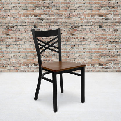 Black ''X'' Back Metal Restaurant Chair - Cherry Wood Seat