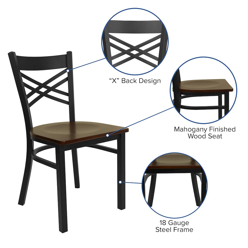 Black ''X'' Back Metal Restaurant Chair - Mahogany Wood Seat