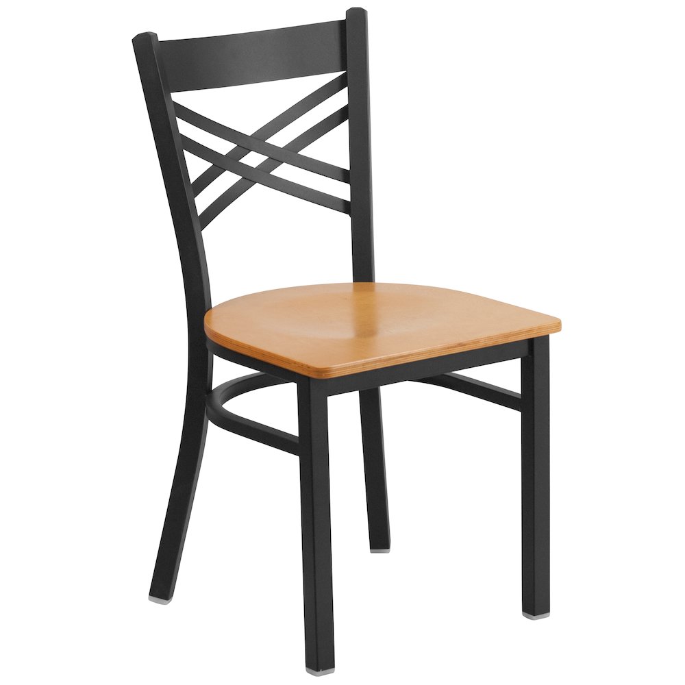 Black ''X'' Back Metal Restaurant Chair - Natural Wood Seat