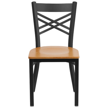Black ''X'' Back Metal Restaurant Chair - Natural Wood Seat