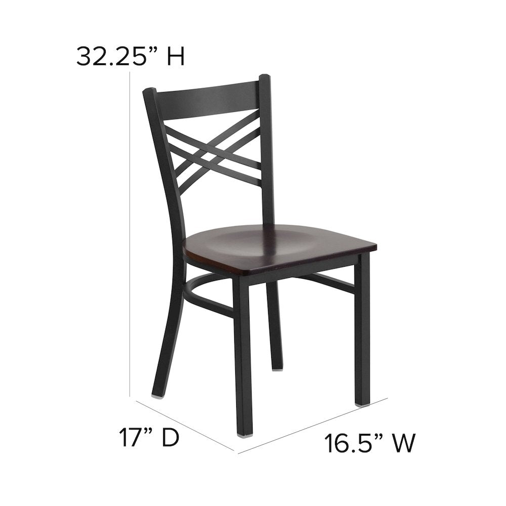 Black ''X'' Back Metal Restaurant Chair - Walnut Wood Seat