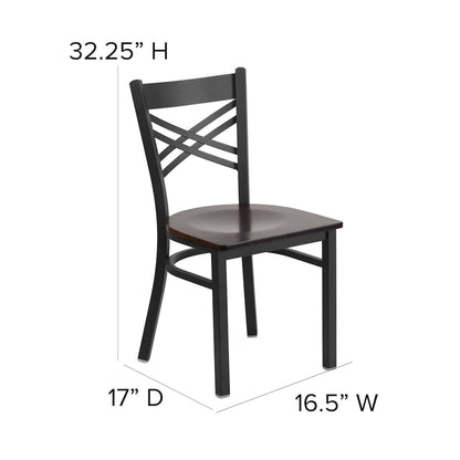 Black ''X'' Back Metal Restaurant Chair - Walnut Wood Seat