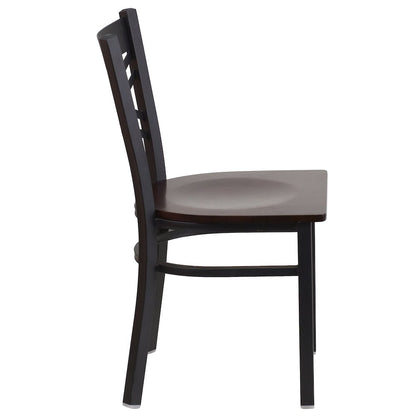 Black ''X'' Back Metal Restaurant Chair - Walnut Wood Seat