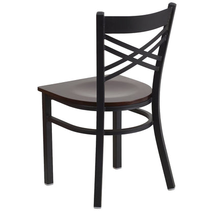 Black ''X'' Back Metal Restaurant Chair - Walnut Wood Seat